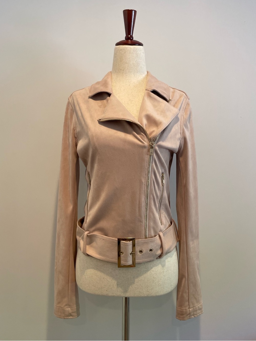 Jennifer Lopez Blush Pink Faux-Suede Moto Jacket with Belt EUC - size XS